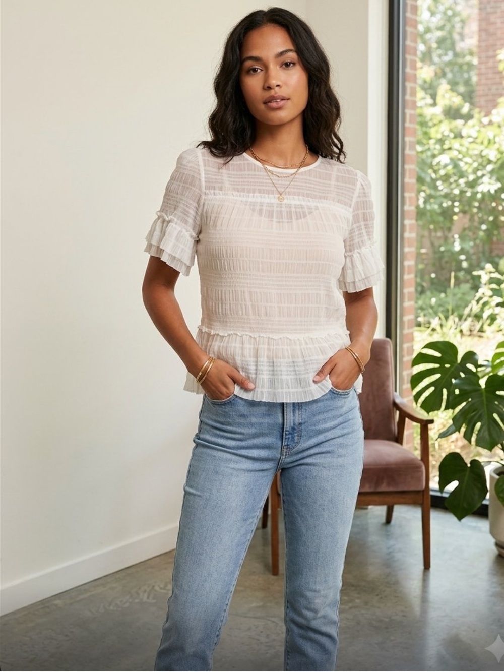 Max Studio White Ruffle Sleeve Smocked Yoke Blouse